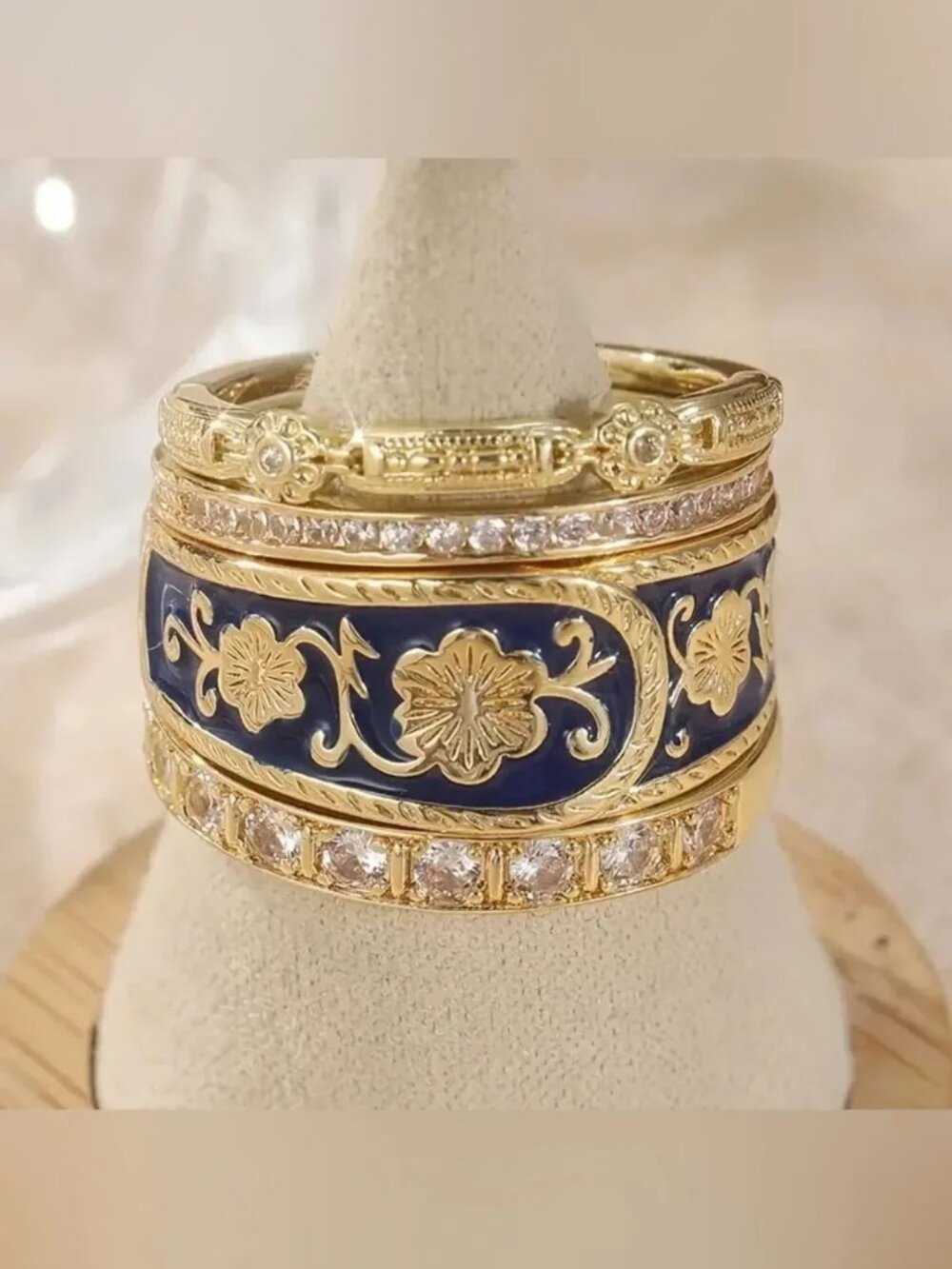 Navy Enamel Floral Statement Ring Q1236
